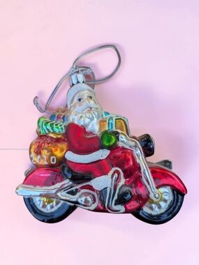 Vintage 2010 Glass Santa Motorcycle Christmas Ornament 4.25"